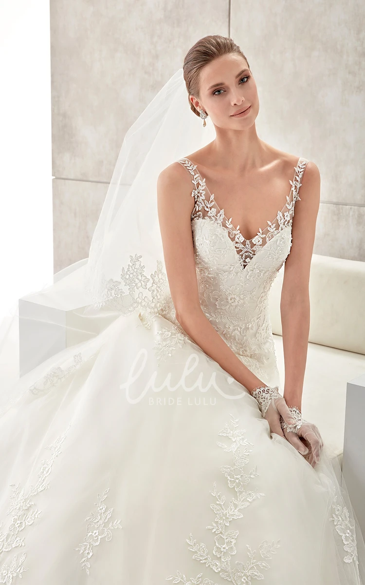 A-line Wedding Gown with Sweetheart Neckline Floral Straps and Low-v Back Classy Bridal Dress