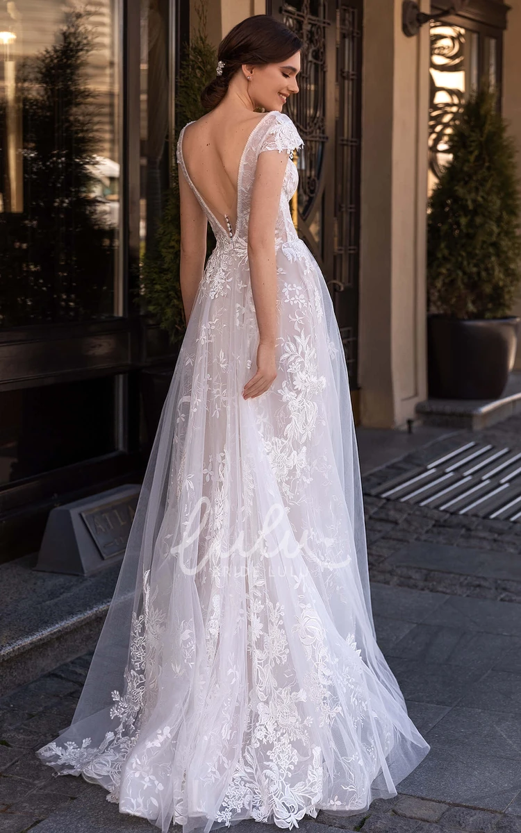 Ethereal Short Sleeve A Line Lace Wedding Dress with Plunging Neckline and Floor-length Ruching