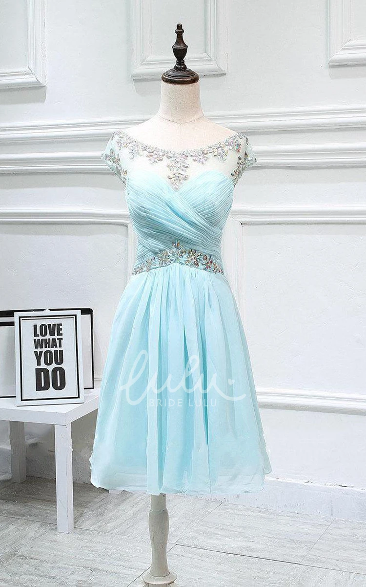 Chiffon Cap Sleeve Short Dress with Ruching and Beading