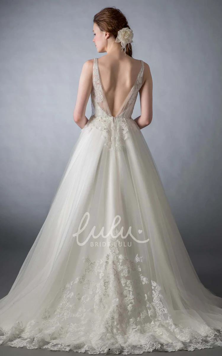 Beaded Tulle Wedding Dress with V-Neck Floor-Length Court Train & V Back