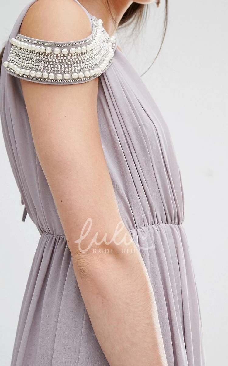 Beaded Sheath V-Neck Chiffon Bridesmaid Dress with Criss Cross Modern Prom Dress