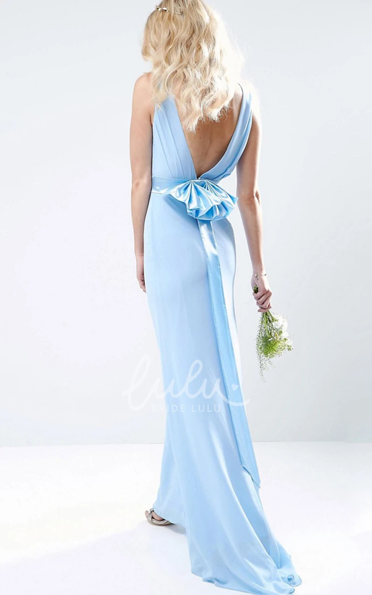 High Neck Sleeveless Chiffon Bridesmaid Dress with Bow Sheath Style