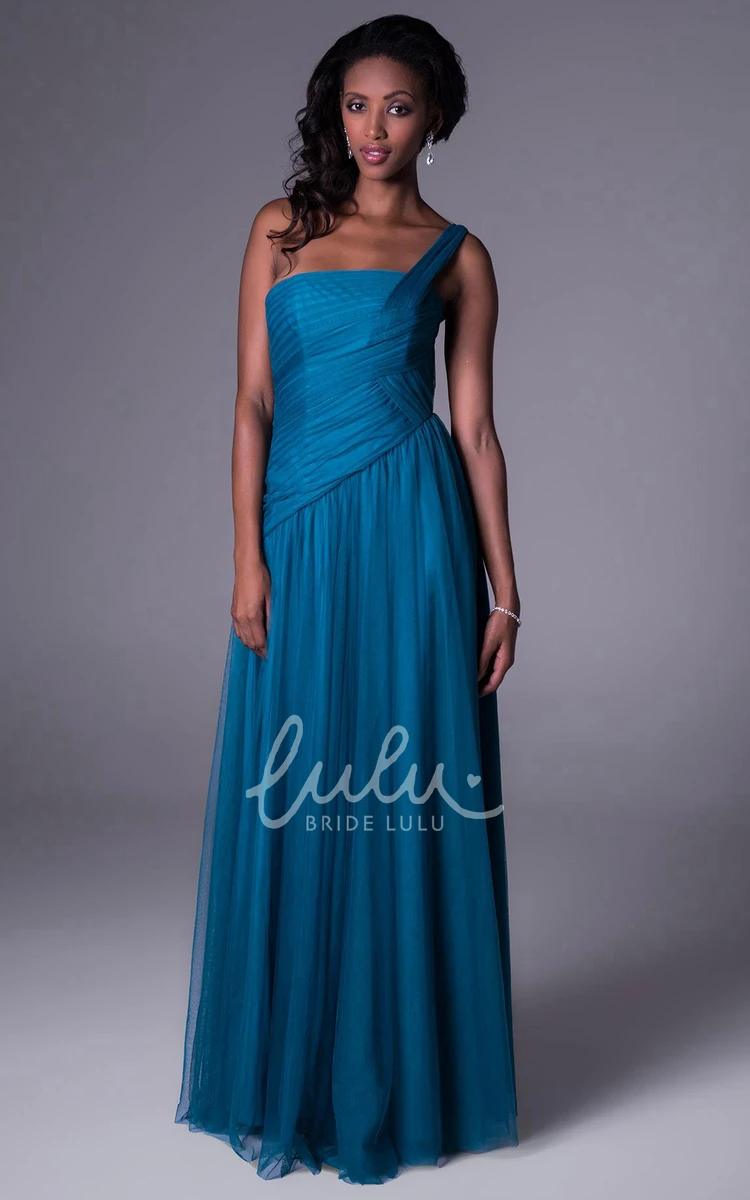 One-Shoulder Ruched Tulle Bridesmaid Dress Flowy Floor-Length Dress