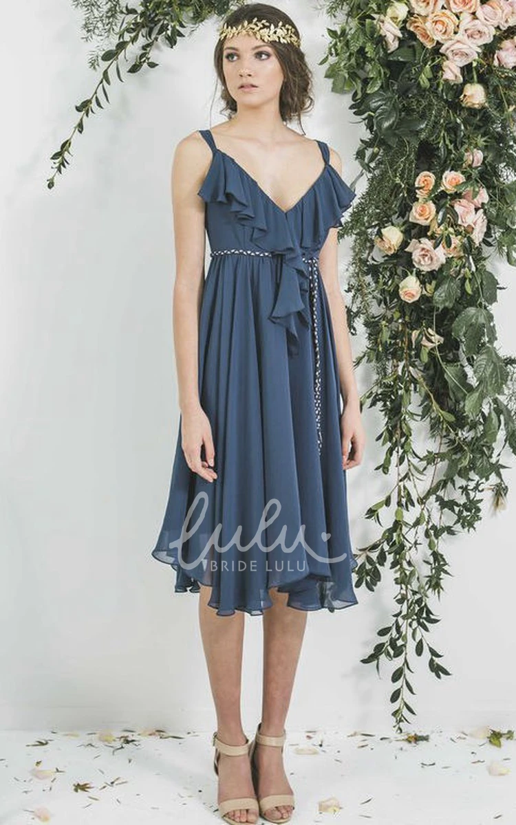 Empire V-Neck Chiffon Bridesmaid Dress Tea-Length Draped Sleeveless