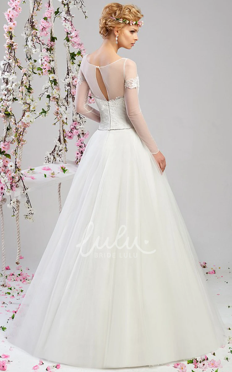 Appliqued Tulle Wedding Dress A-Line Long-Sleeve Scoop-Neck