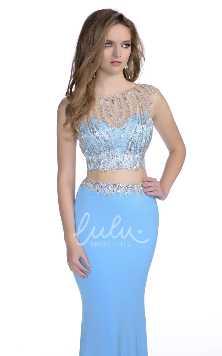 Sequin Beaded Trumpet Prom Dress Sleeveless Crop Top Jersey Fabric