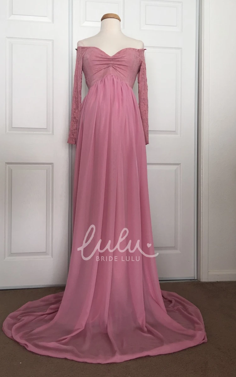 A-line Chiffon Lace Off-the-shoulder Maternity Dress with Long Sleeves