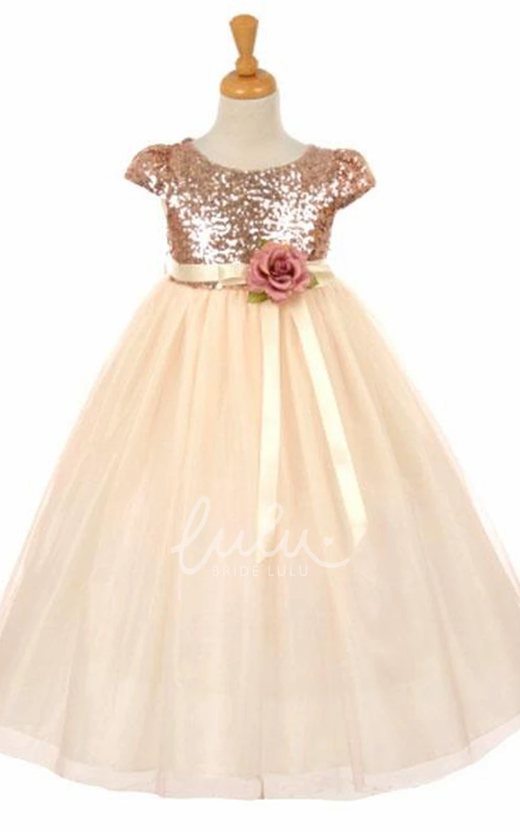 Short Floral Tulle and Sequins Flower Girl Dress Empire Style with Sash