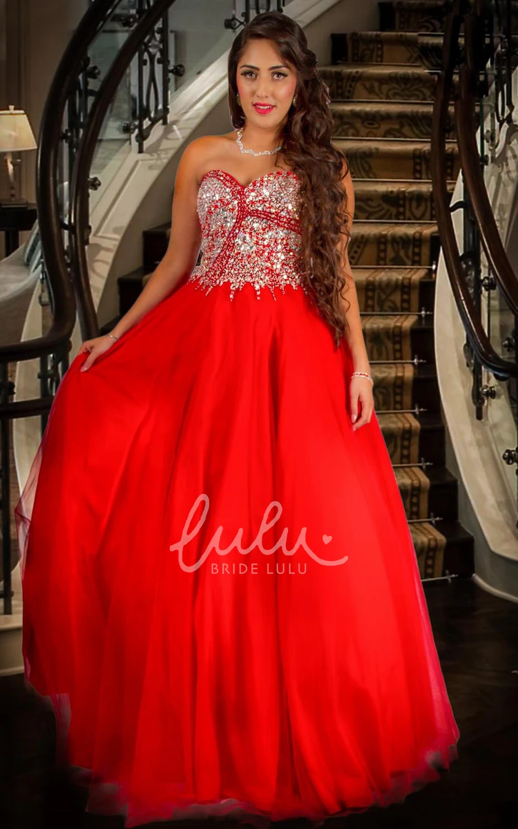 Beaded Tulle Prom Dress with Bow and Ruffles A-Line Floor-Length Sweetheart Women