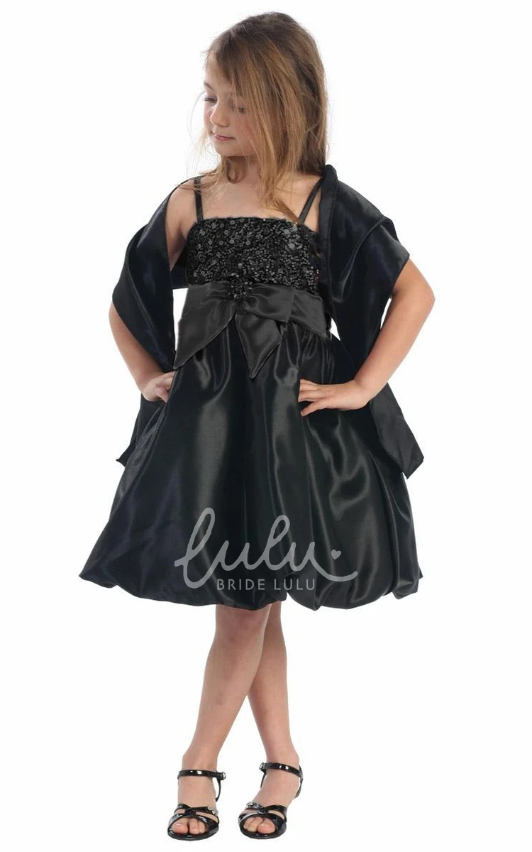 Midi Flower Girl Dress with Spaghetti Straps Cap Sleeves Bows Sequins and Satin with Cape