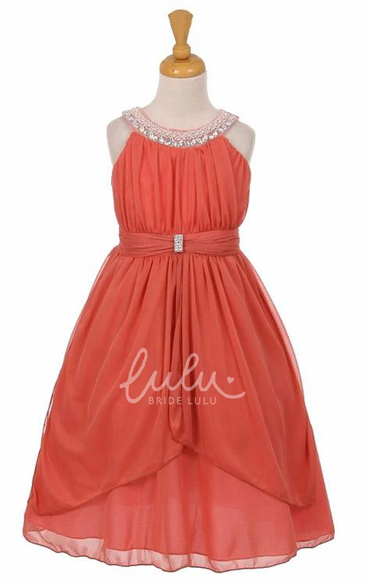 Peplum Tea-Length Flower Girl Dress with Ribbon Tiered Chiffon and Tulle