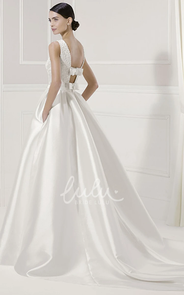 Taffeta Bridal Gown with Jewel Neck Pleats Beading Sash and Back Bows