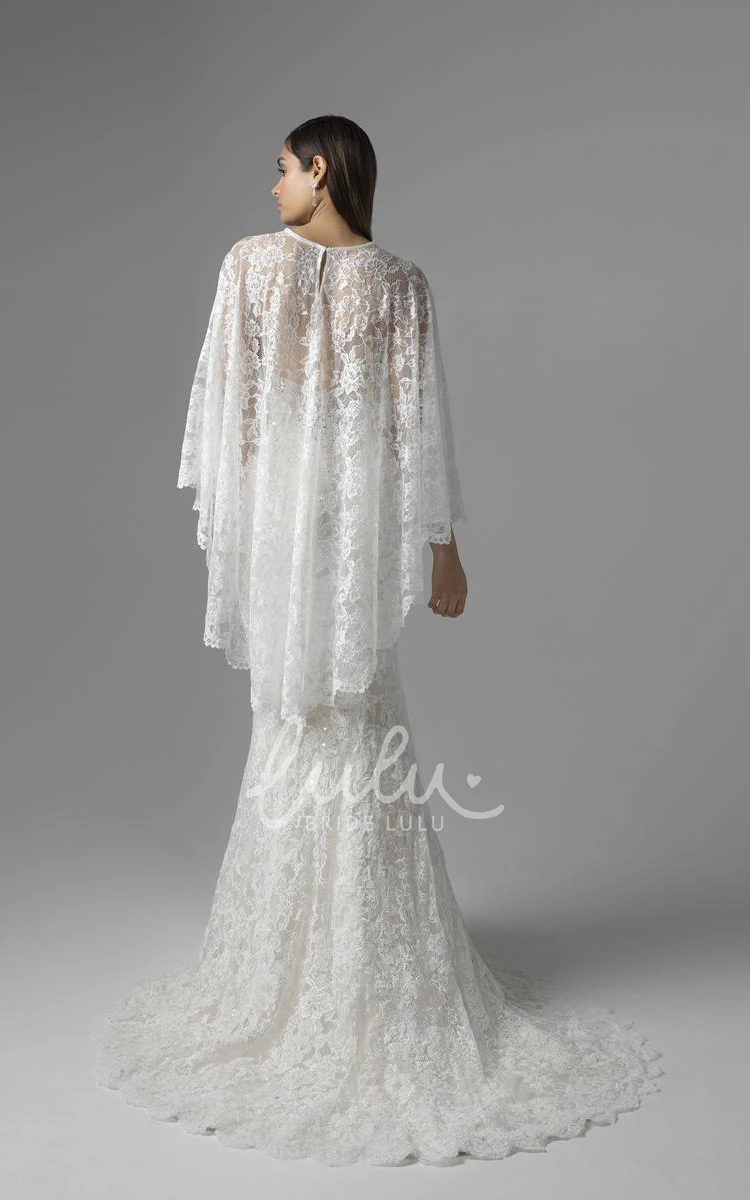 Jewel Bat-Sleeve Lace Sheath Wedding Dress with Appliques and Brush Train