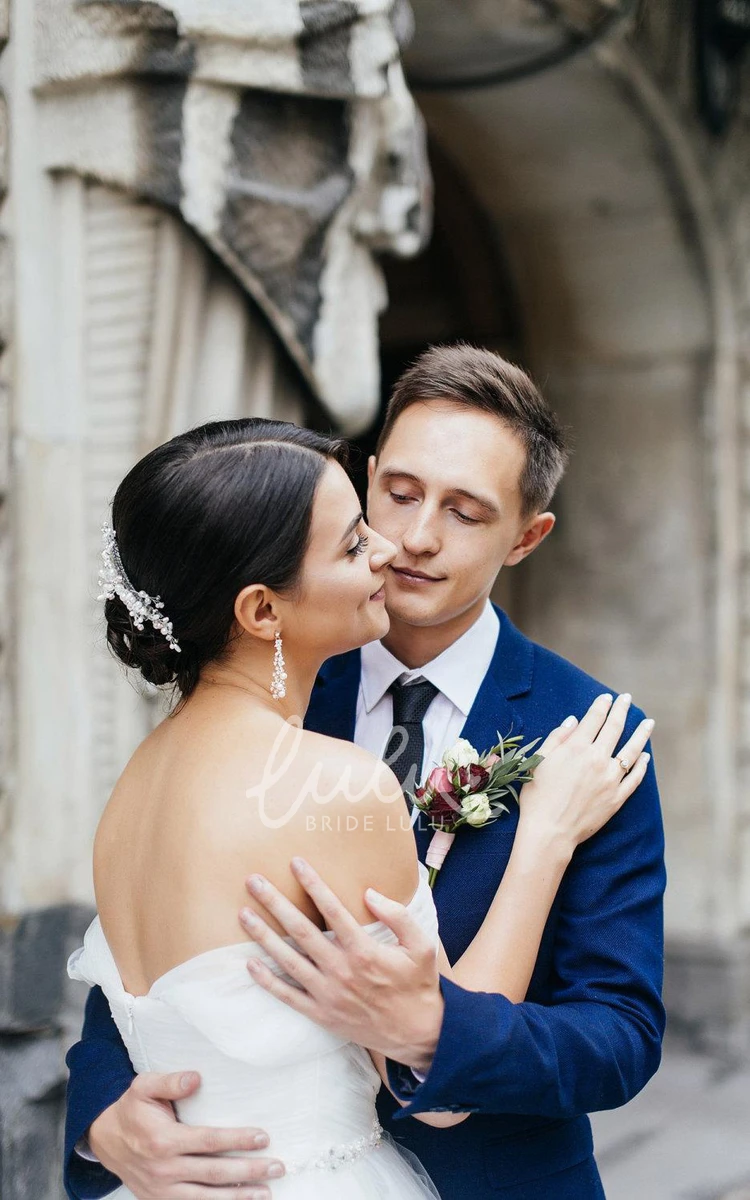 Floor-Length Tulle Ball Gown with Off-Shoulder Design Wedding Dress