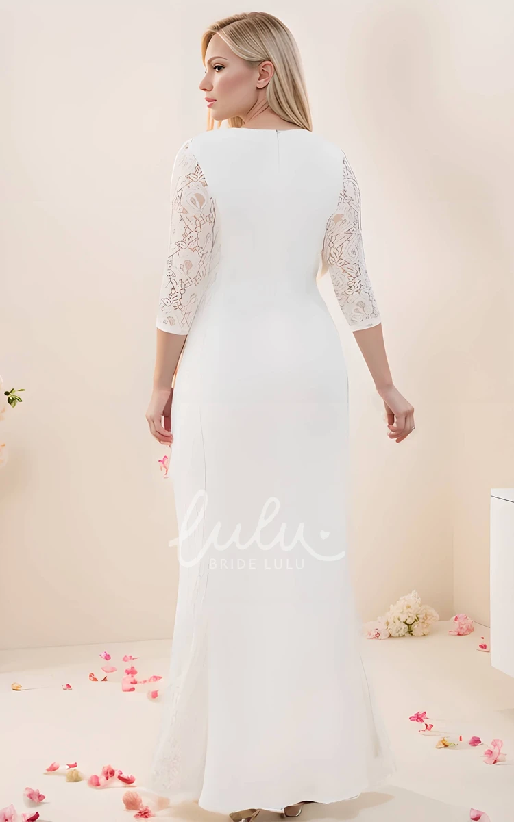 Modern Plus Size Sheath V-neck Long Lace Sleeve Wedding Dress with Floor Length Zipper Back