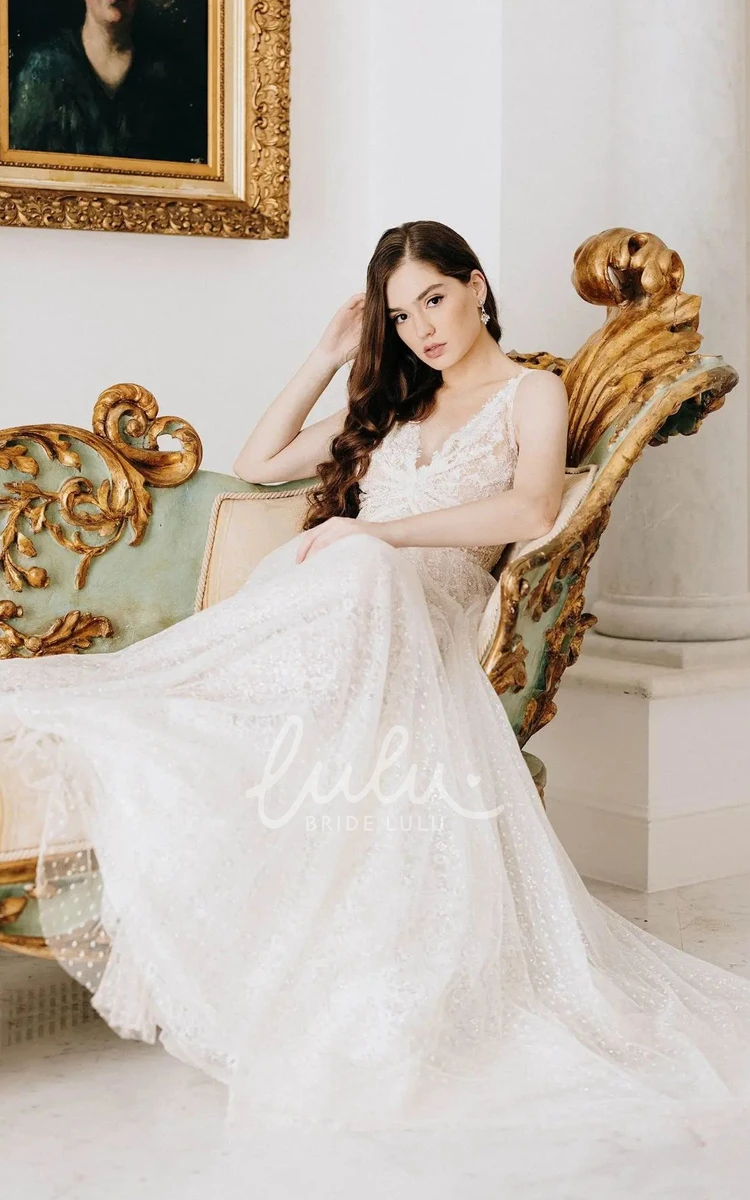 Bohemian V-Neck Lace Tulle Wedding Dress with Chapel Train and Ruching A-Line