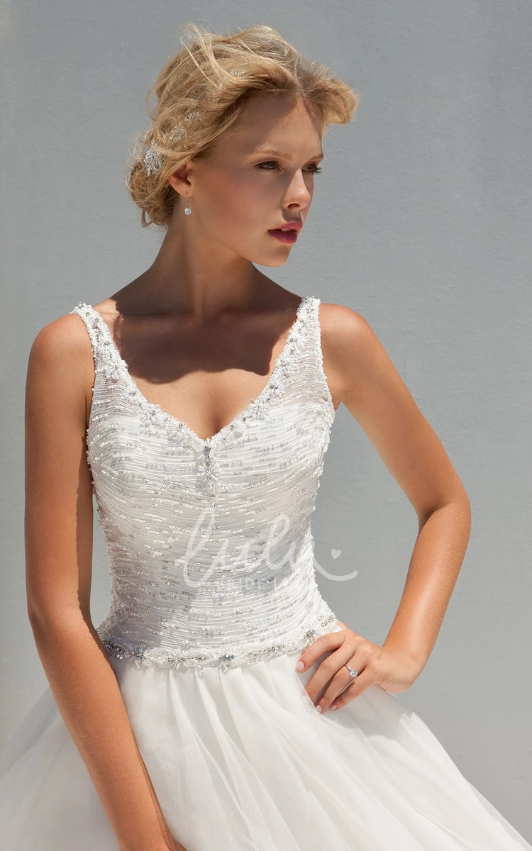 Sequined V-Neck A-Line Wedding Dress with Beading and Ruching