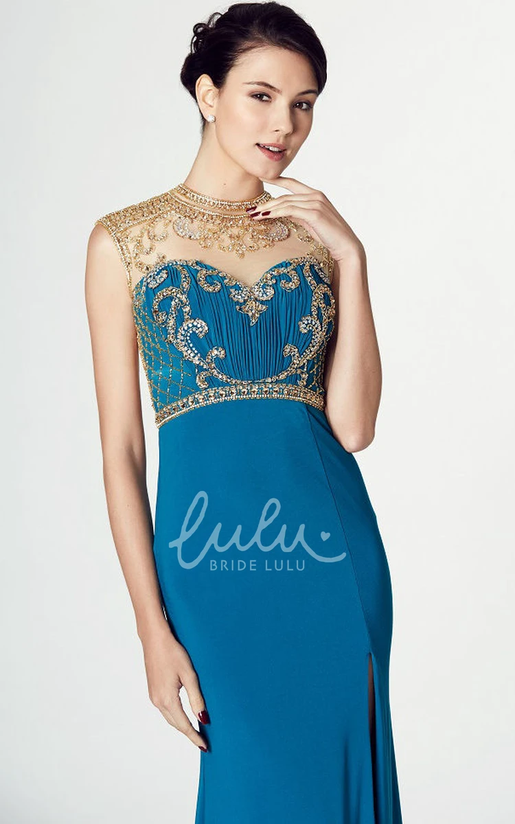 Illusion High Neck Split-Front Prom Dress with Beading Floor-Length