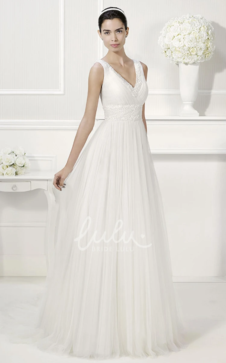 Empire V-Neck Pleated A-Line Tulle Wedding Dress with Jewels