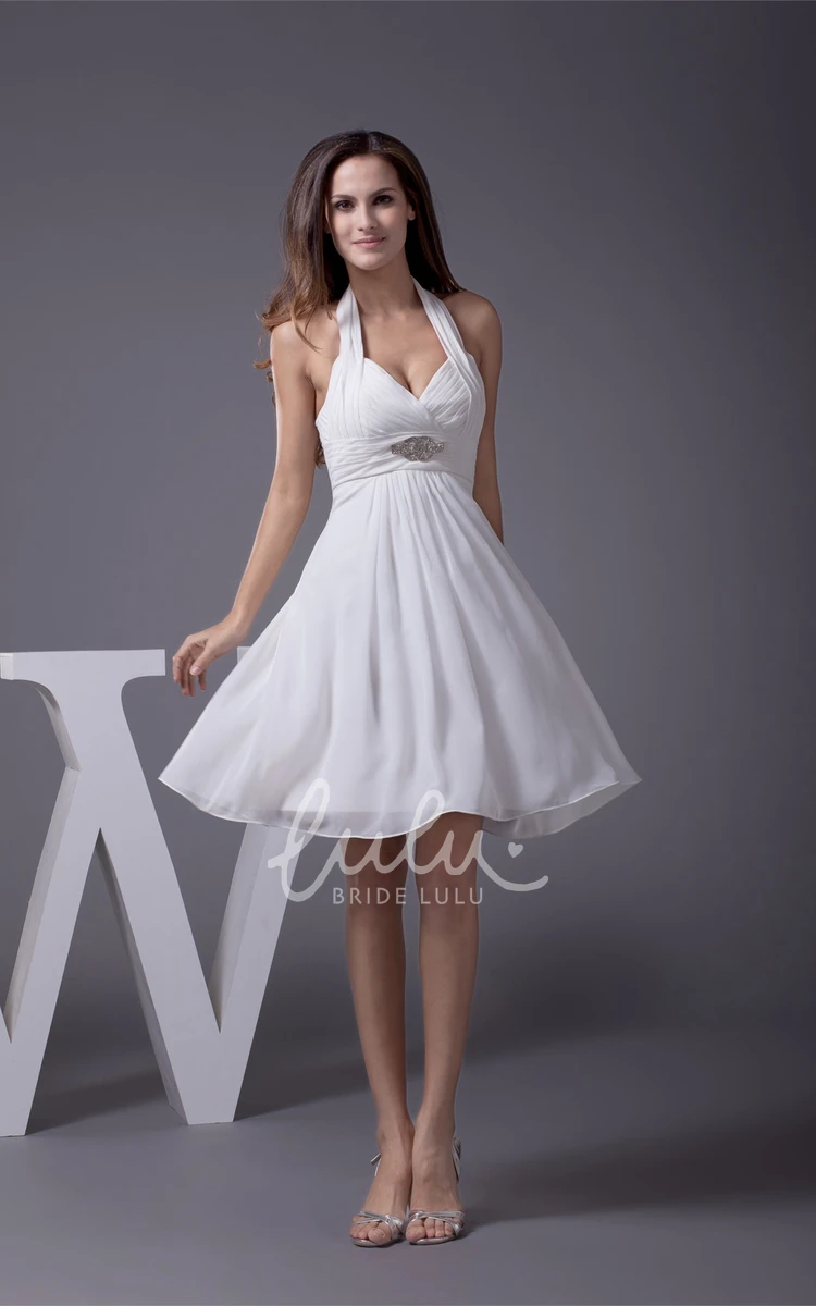 Halter A-Line Dress with Ruching and Beadings Knee-Length Sleeveless Classy