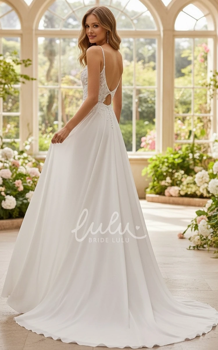 Sexy Ethereal A-Line Plunging V-Neck Floor-length Spaghetti Chiffon Lace Wedding Gown Elegant Garden Lace Appliques Split Front Sleeveless Backless Warm Bridal Dress with Button