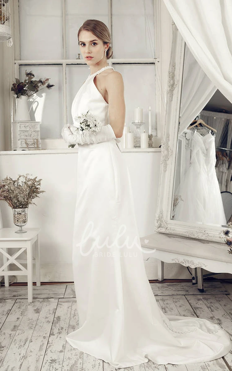 Beaded Satin High Neck Sheath Wedding Dress with Floor-Length Design