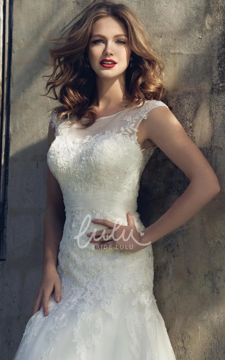 A-Line Lace Wedding Dress with Illusion Cap-Sleeve Scoop-Neck Dress