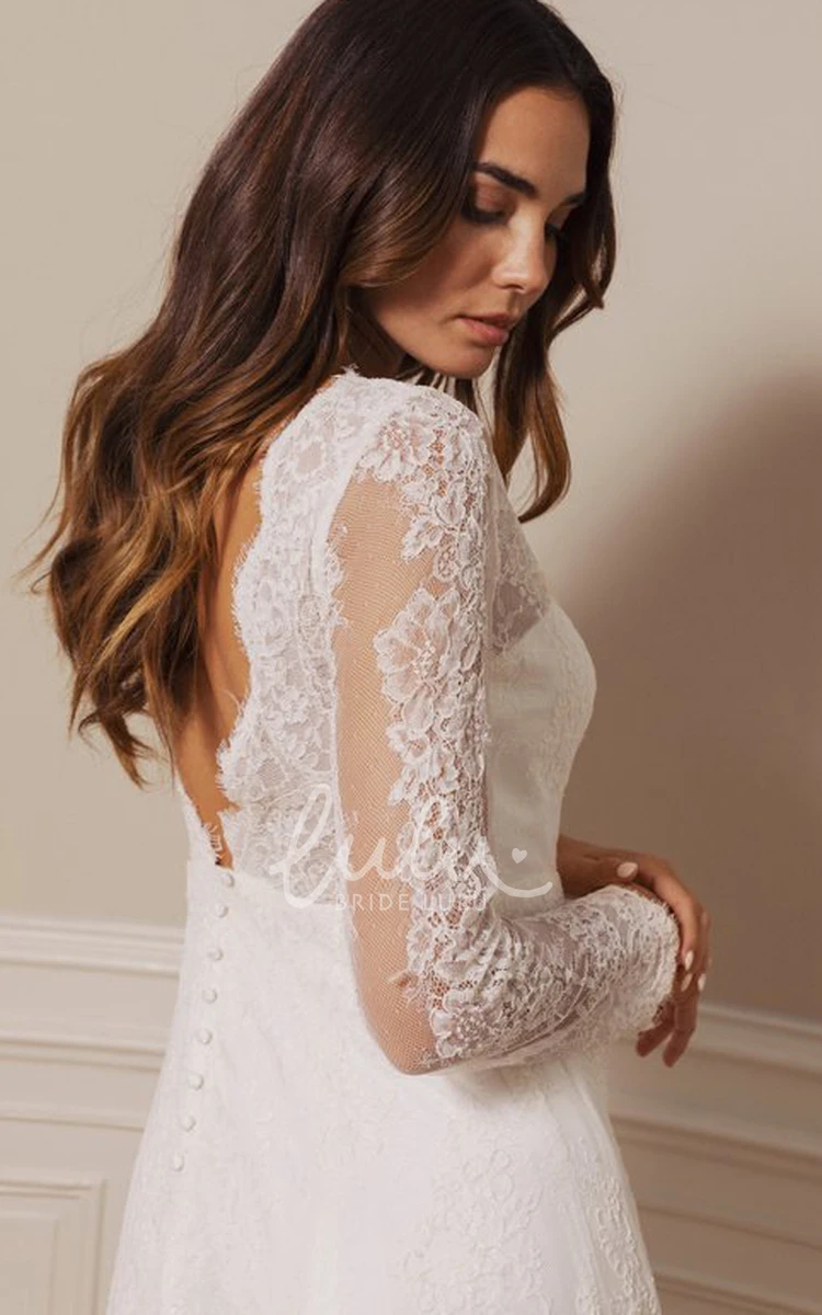 Sexy Lace A-Line Wedding Dress with Long Sleeves Deep-V Back and Court Train