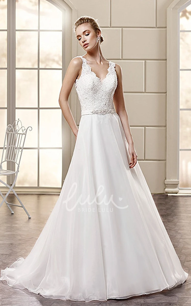 Appliqued V-Neck Sleeveless A-Line Wedding Dress with Waist Jewelry