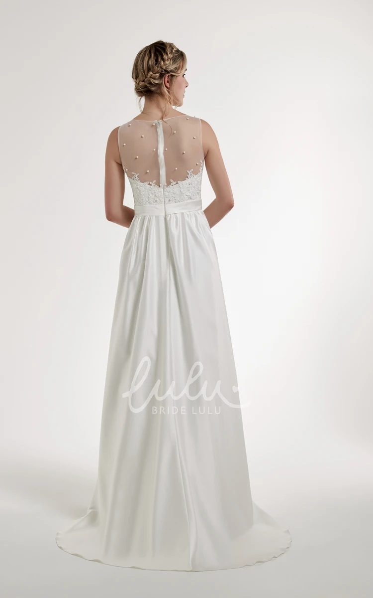 Sleeveless Satin Wedding Dress with Applique Illusion Back and Sweep Train A-Line