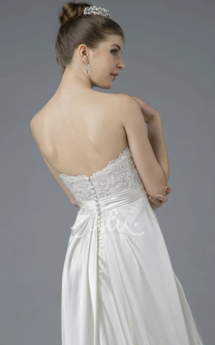 Draped Satin Sweetheart Gown with Lace Applique and Open Back Buttons