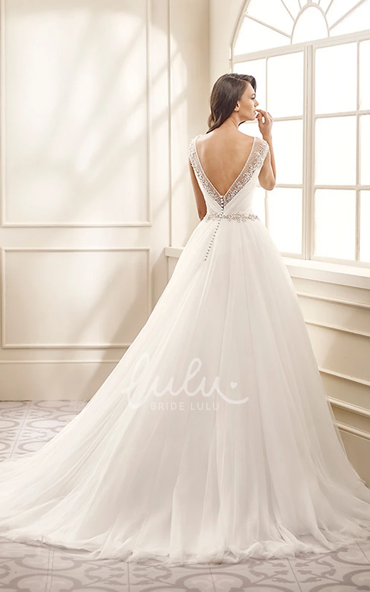 Tulle Beaded Wedding Dress with Cap-Sleeves A-Line Floor-Length Scoop-Neck