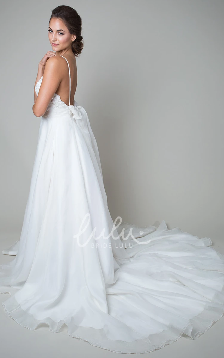 A-Line Spaghetti Appliqued Floor-Length Sleeveless Wedding Dress With Bow A-Line Appliqued Sleeveless Wedding Dress