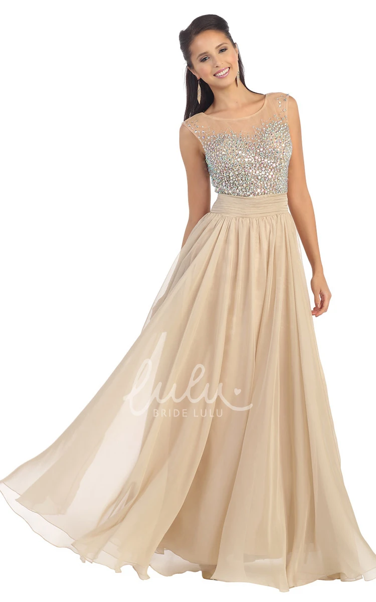 Scoop-Neck Chiffon Illusion Dress with Beading and Pleats for Bridesmaids