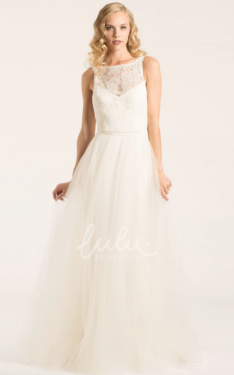 Tulle A-Line Wedding Dress Sleeveless with Appliques and Bateau Neckline