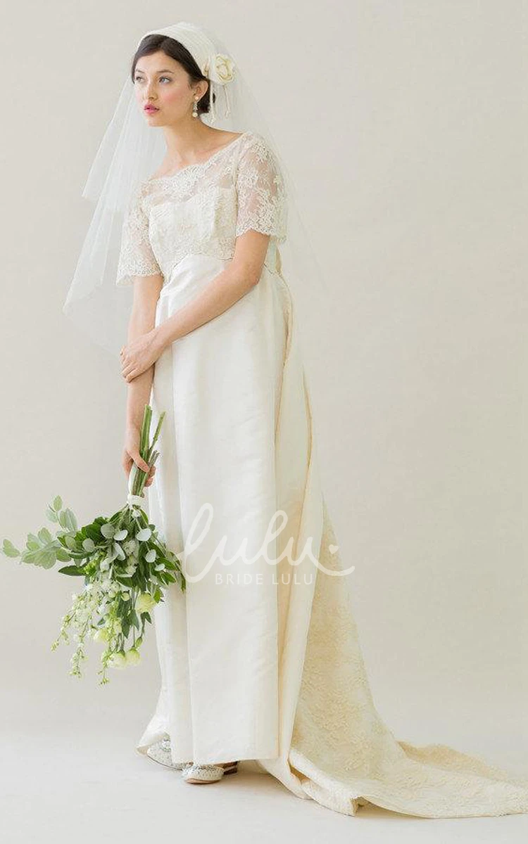 Satin A-Line Vintage Wedding Dress Bateau Neckline Watteau Train