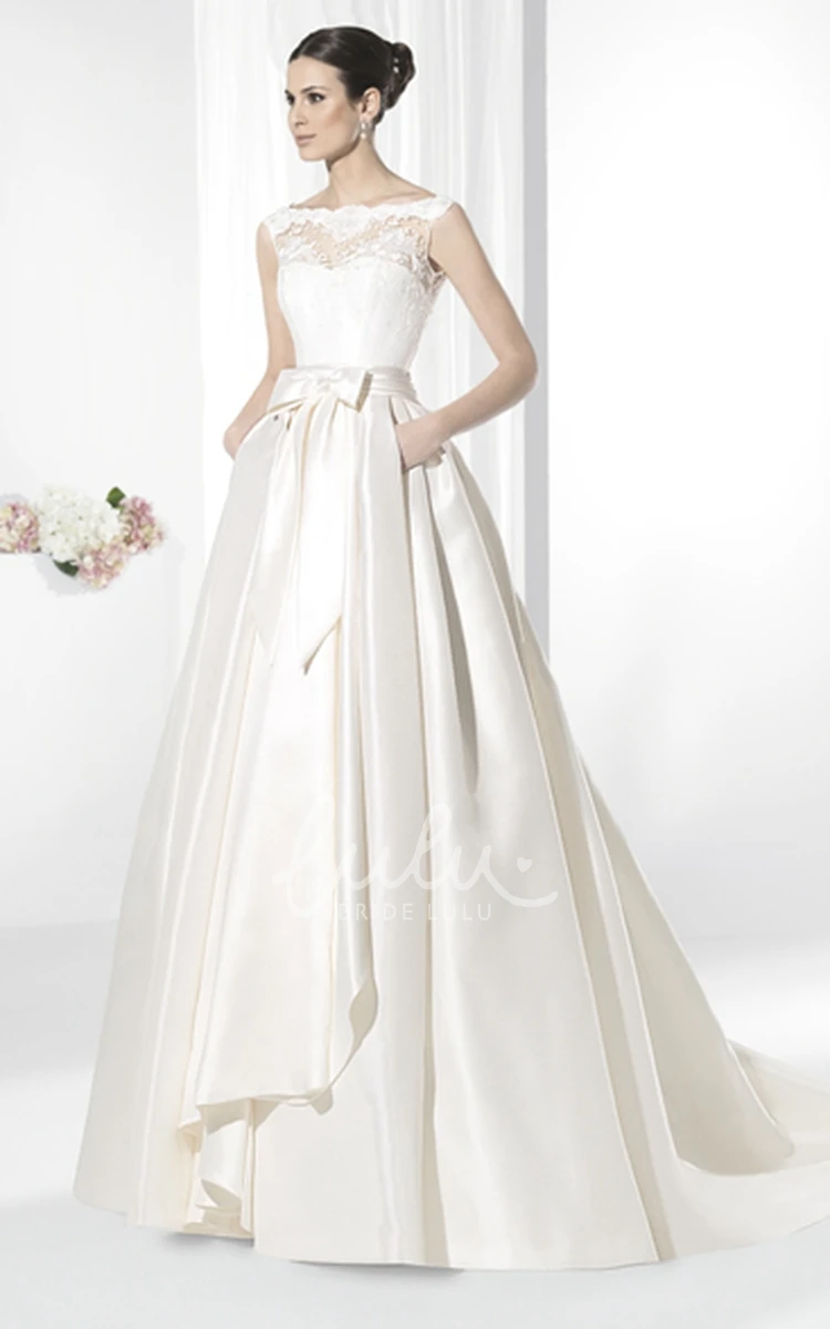 Draped Bow A-Line Satin Sleeveless Lace Bateau-Neck Wedding Dress Chic Bridal Gown