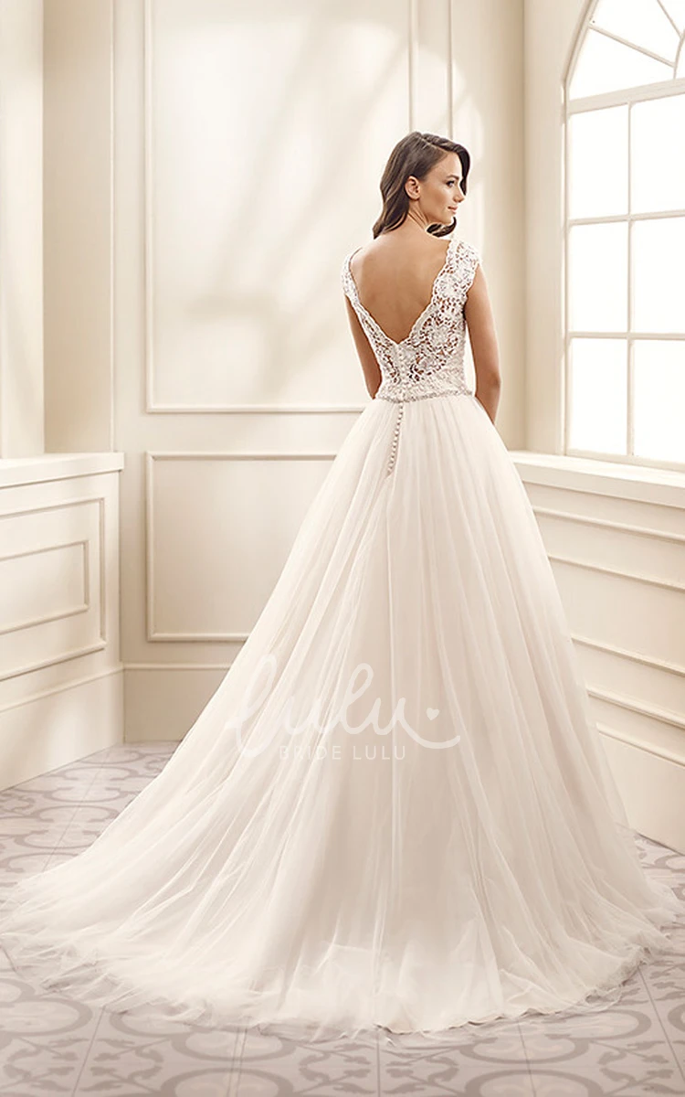 Cap-Sleeve A-Line Lace&Tulle Wedding Dress with Waist Jewelry Unique Bridal Gown