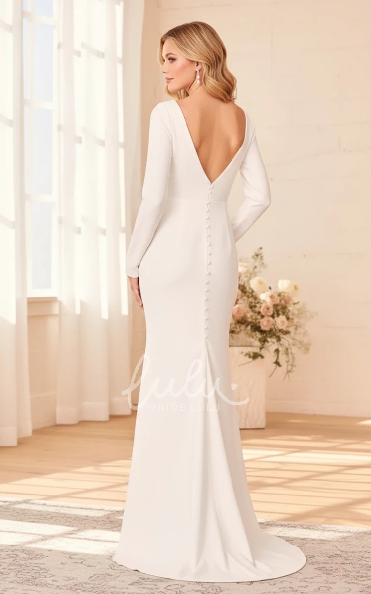 Modest Long Sleeve Simple Trumpet V-neck Solid Winter Wedding Dress with Brush Train
