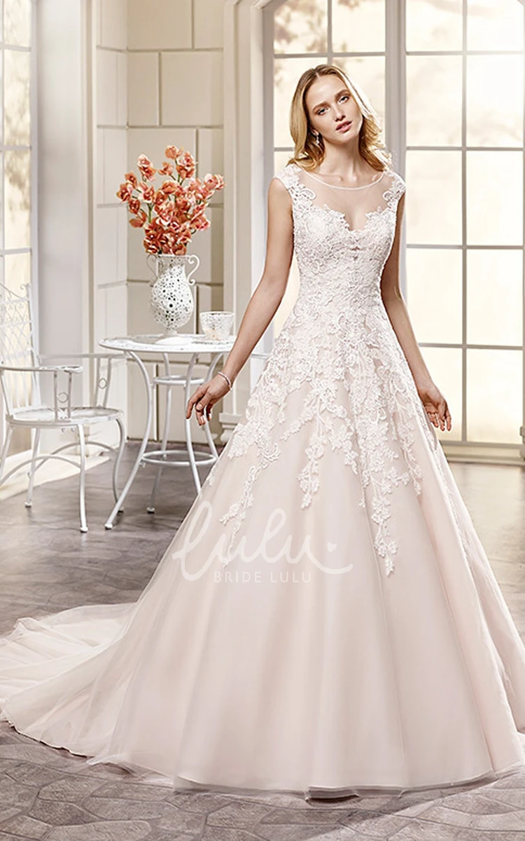 Cap-Sleeve Lace Wedding Dress Appliqued Scoop-Neck Ball Gown