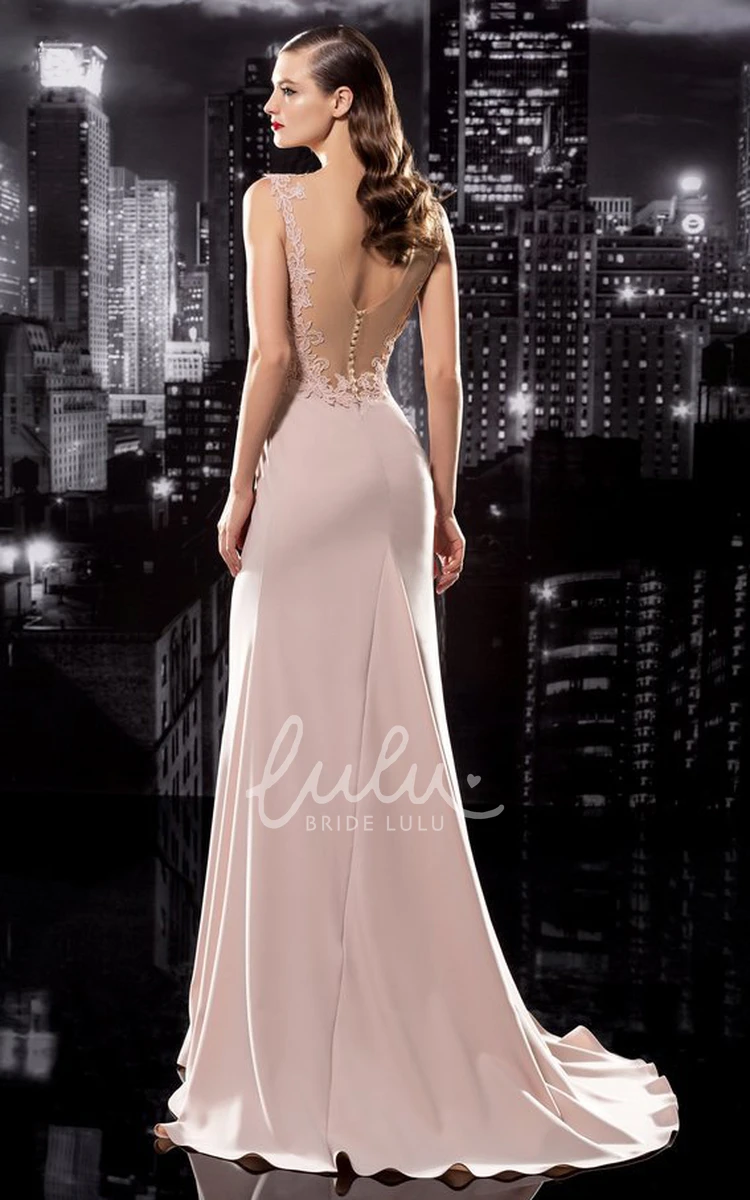 Sleeveless Sheath Jersey Formal Dress with Low-V Back and Appliques