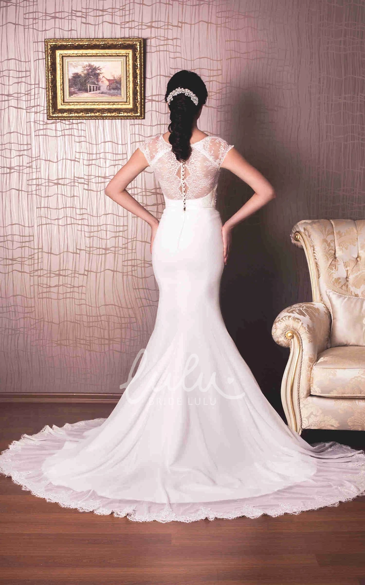 Cap-Sleeve Sheath Satin Wedding Dress V-Neck Floor-Length Lace