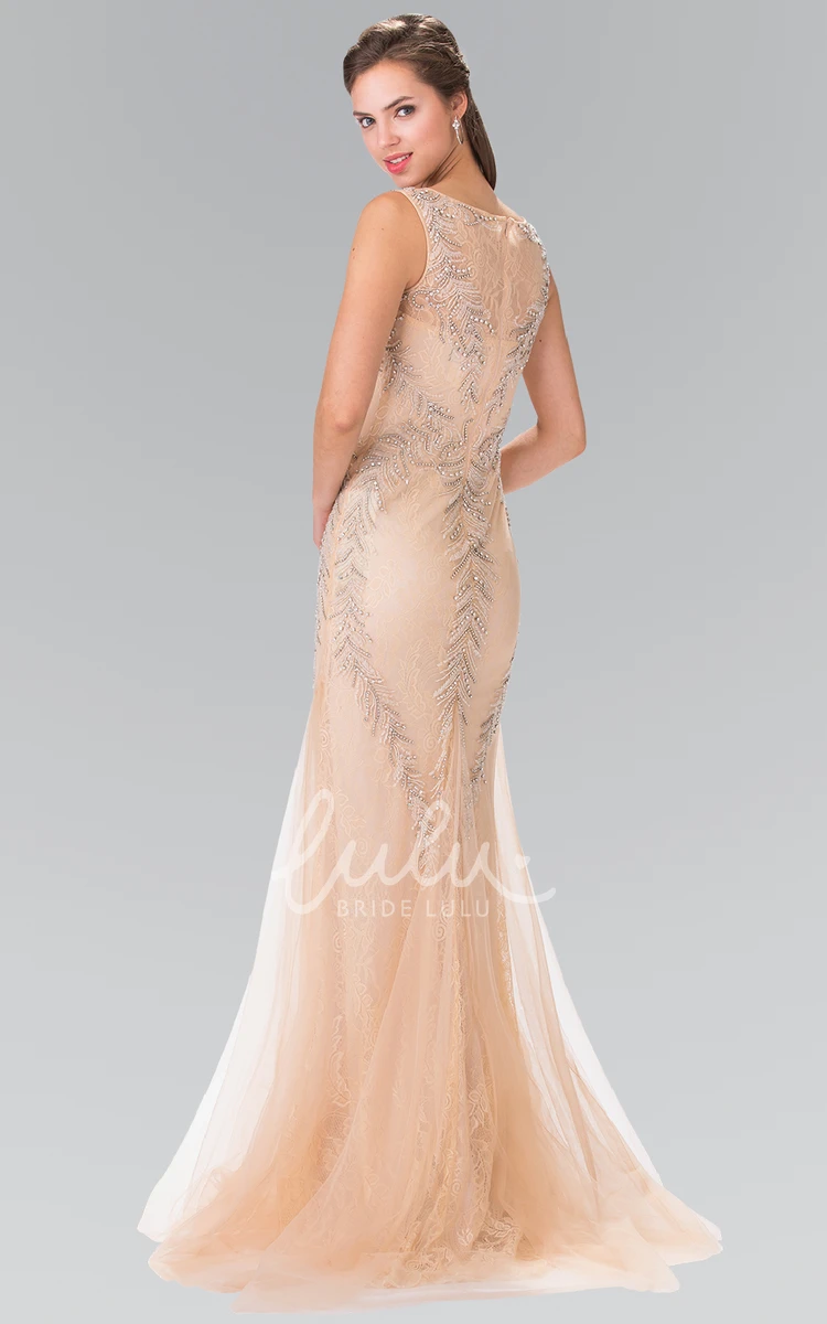 Sleeveless Mermaid Tulle Lace Illusion Formal Dress with Beading