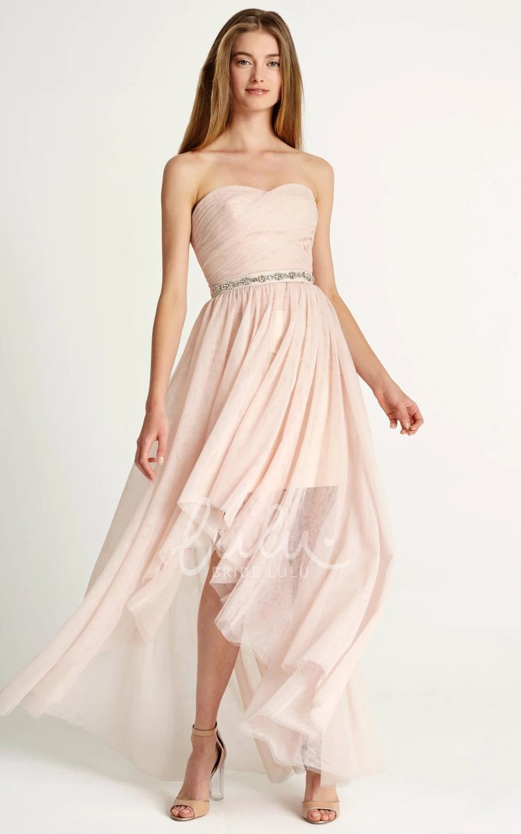 High-Low Ruched Strapless Tulle Bridesmaid Dress Flowy High-Low Ruched Tulle Bridesmaid Dress Women