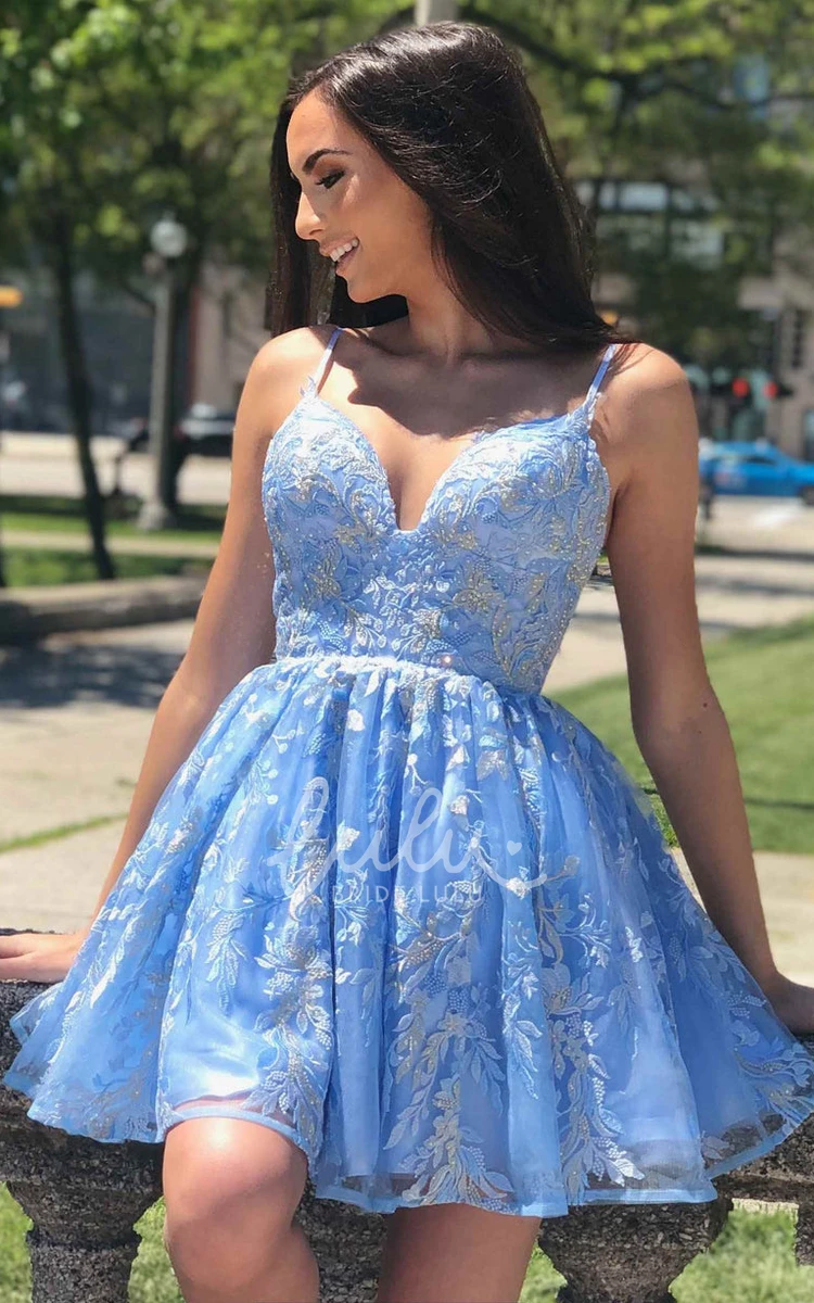 Lace Spaghetti A-Line Homecoming Dress with Open Back Casual Formal Dress