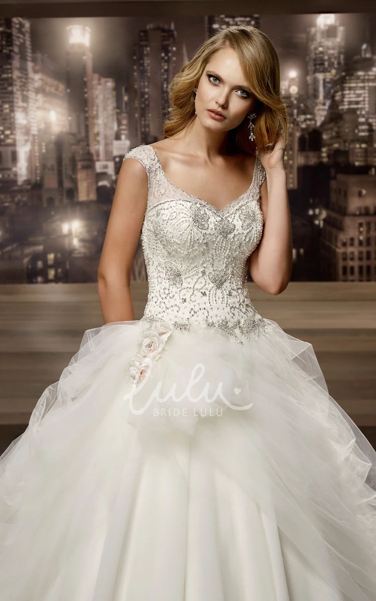 Asymmetrical Ruffle V-Neck A-Line Wedding Dress with Beaded Corset