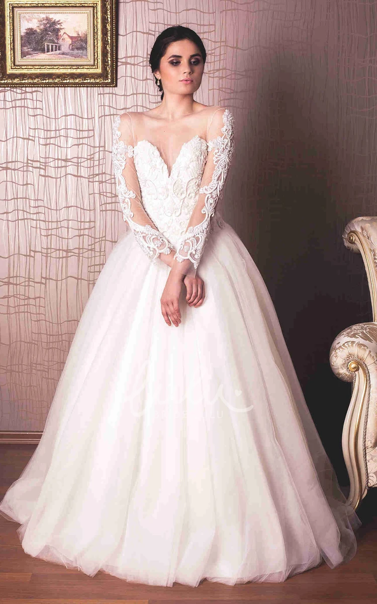 Tulle Long-Sleeve Wedding Dress with Illusion Ball Gown Style