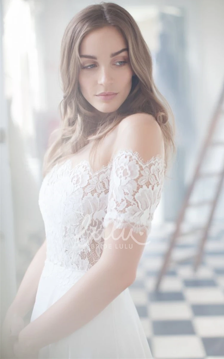 Off-shoulder Lace A-line Wedding Dress with Sweep Train Simple & Elegant