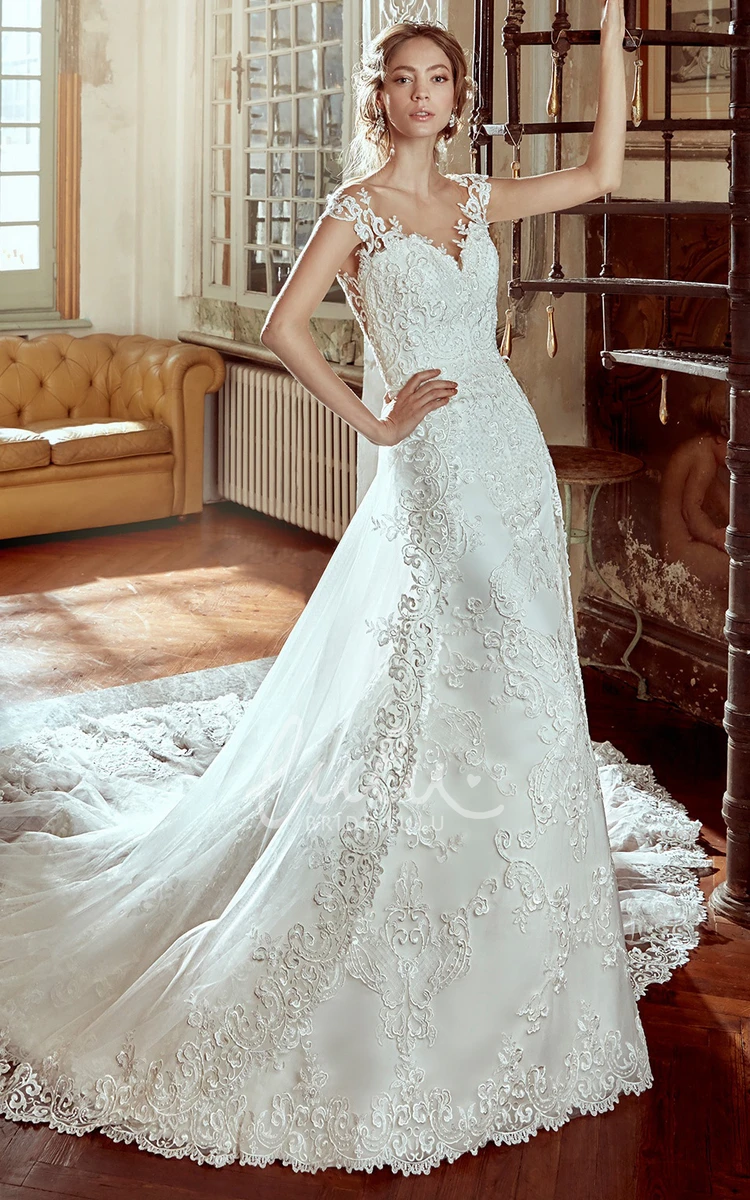 Lace Illusive Back Wedding Dress with Strap Neck Elegant Bridal Gown