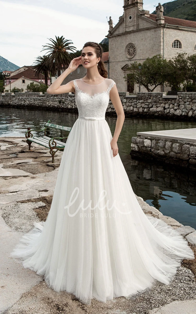 Illusion Tulle A-Line Wedding Dress with Jewel Neck and Cap Sleeves